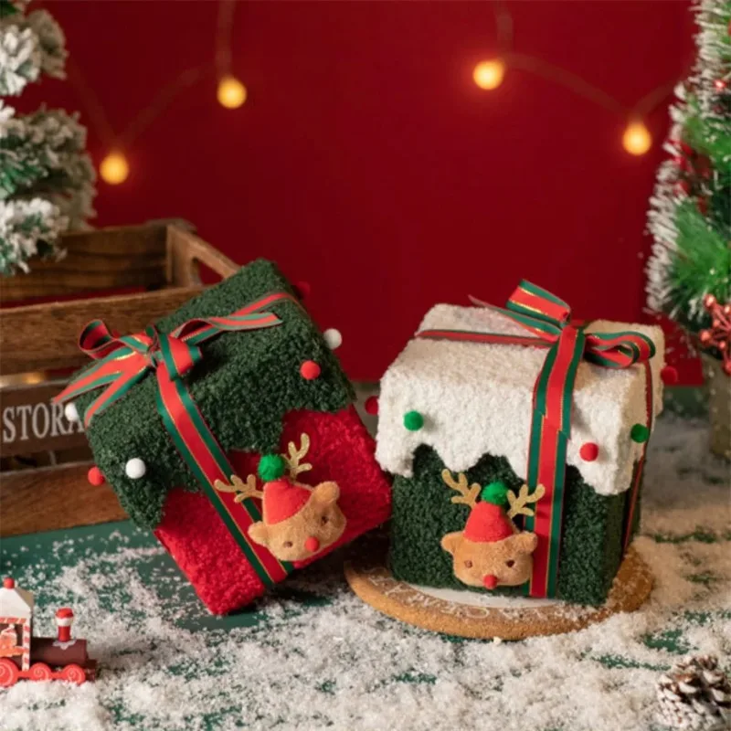 Christmas Gift Box with Felt Plush Reindeer and Ribbon Storage