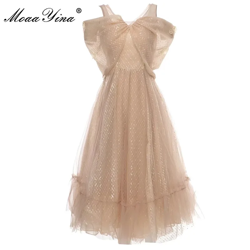 

MoaaYina Fashion Designer dress Summer Women's Dress Spaghetti Strap Square Collar Dot Splicing Mesh Dresses