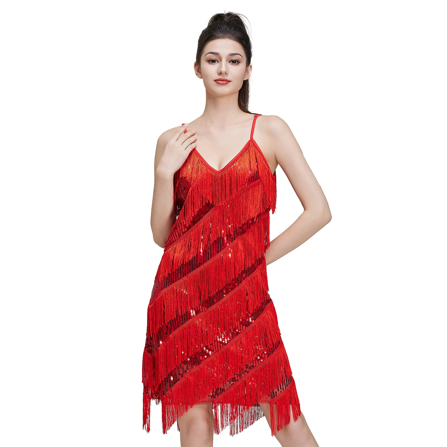 Latin Dance Dress Women's V-neck Sequined Tassels Suspender Sexy Solid Color Charming Rumba Cha cha Tango Samba Dancewear Skirt