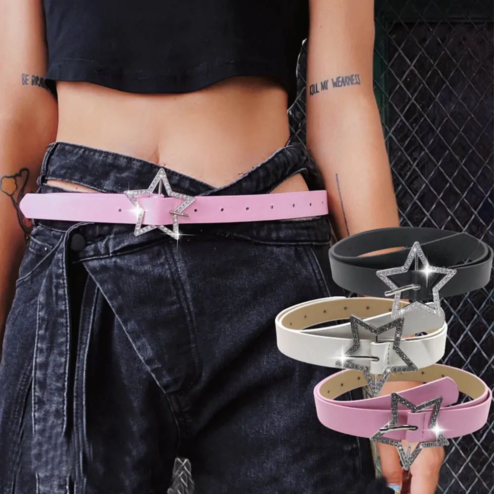 

Punk Black Pink PU Leather Belts Y2K Cool Girl Metal Fashion Buckle Five-point Star Full Drill Waistband Versatile Accessories