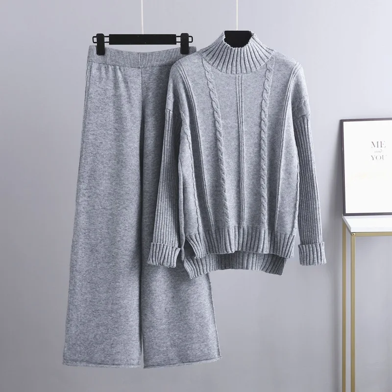 

Set of two fashion pieces for women winter Casual solid color knitted suit loose pullover sweater wide leg pants trousers suit