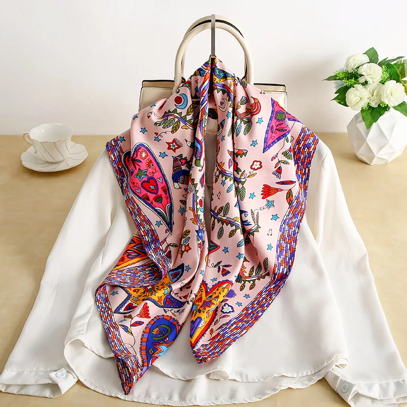 35.43" Geometric Pattern Square Scarf Imitation Silk Satin Shawl Thin Summer Sunscreen Bandana Outdoor Handbag Decoration Scarf 2
