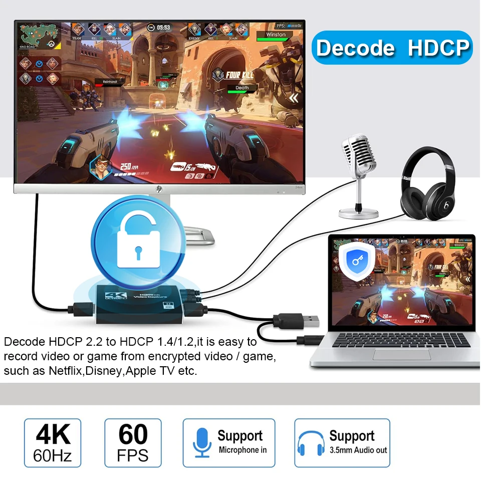 2023 USB 비디오 캡처 카드 동글 게임 스트리밍 라이브 스트림 방송, MICinput 포함, USB3.0 HDMI, 4K60Hz
