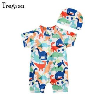 Tregren 여름 유아 아기 소년 수영복, 만화 공룡 태양 보호 안전 수영 UV 모자, 어린이 수영복 비치웨어, 1-6Y