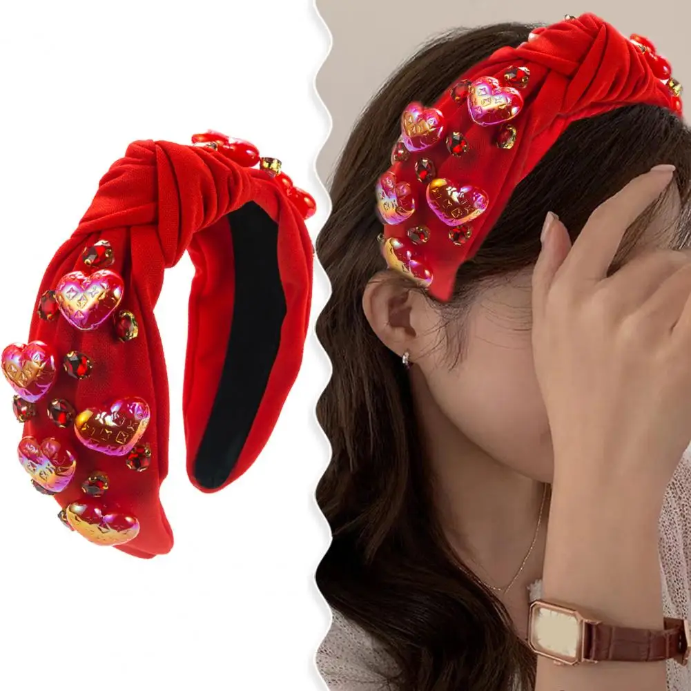 

Women Valentines Day Hairband Heart Pendant Rhinestone Decor Red Wide Band Fabric Knot Elastic Anti-slip Head Lady Hair Hoop