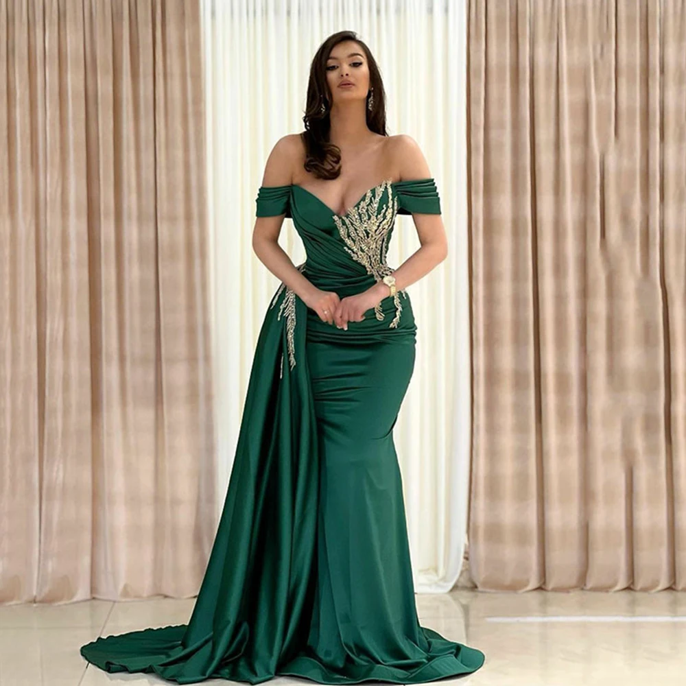 

Dubai Green Satin Evening Dresses Women's 2023 Beades Shoulder Sleeves Mermaid Prom Gowns Formal Party Dress Gala Robe De Soiree