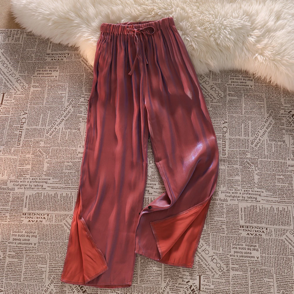 Side split design shining chiffon straight wide leg pants women summer trousers loose calf Length casual elastic waist pants sweatpants