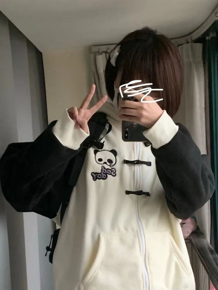 HOUZHOU Kawaii Harajuku Patchwork Hoodie Women Japanese Fashion Streetwear Cartoon Print Oversized Hooded Sweatshirt Soft Gril