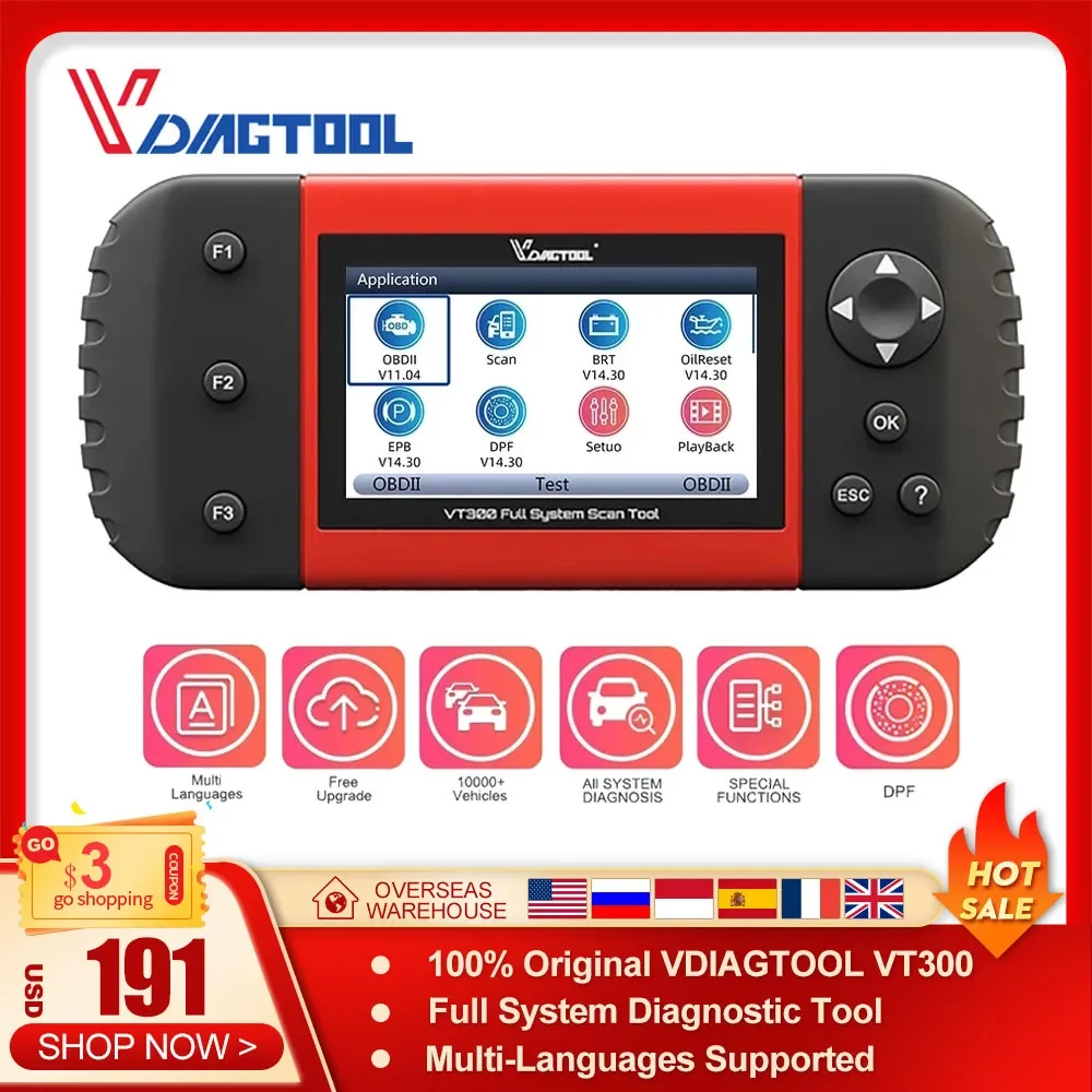 

VDIAGTOOL VT300 Car Diagnostic Tool Oil Light/BMS/EPB/DPF Reset OBD2 Scanner 15 Languages Automotive Scanner Free Update Online