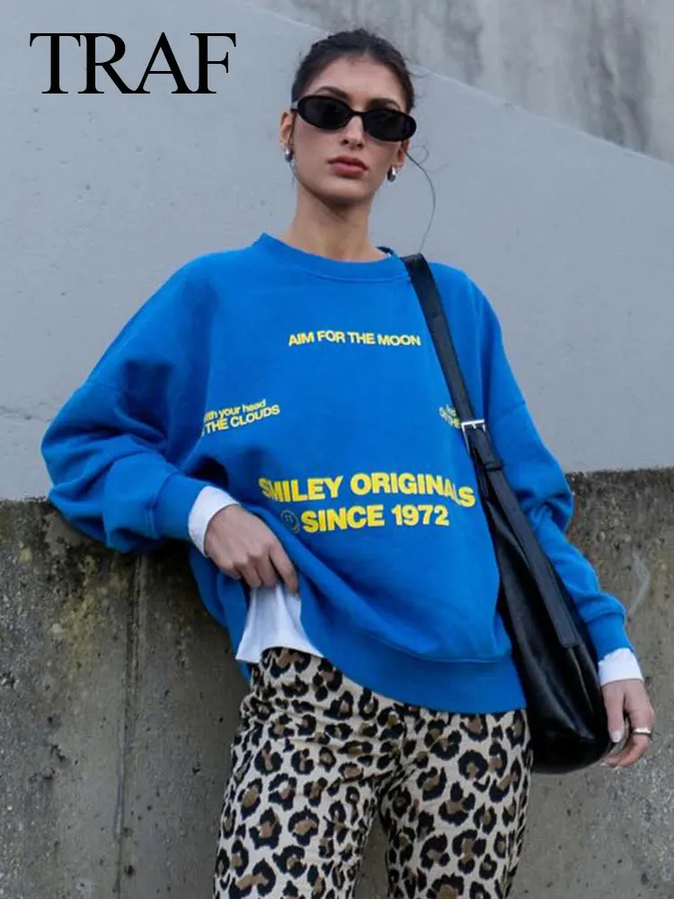 TRAF 2024 Spring New Women's Sports Pullover Round Neck Loose Long Sleeves Letter Print Blue Woman Sweatshirt Wild Streetwear 4