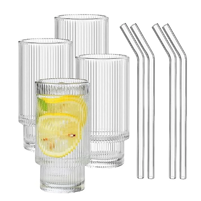 

4 набора, стеклянные стаканы в рубчик, винтажные стаканы для питья, штабелируемые стеклянные чашки 16 унций с соломинкой
