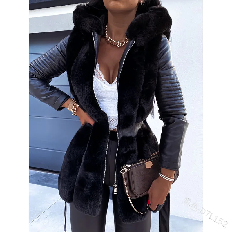 

Winter Women Fashion Long Sleeve Faux Fur PU Leather Coat Pure Color Casual Cardigan Outwear Jacket Thick Warm Parka Fur Jackets