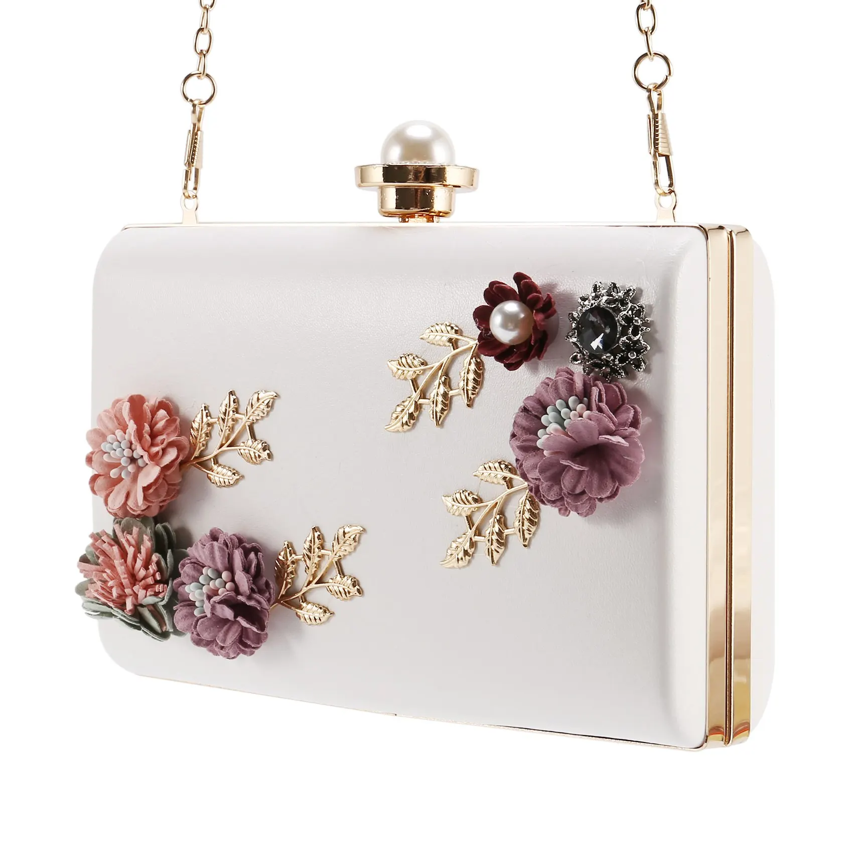 

Fashion Women Leather Evening Bag Dinner Party Lady Wedding Flower Clutch Purse(white)