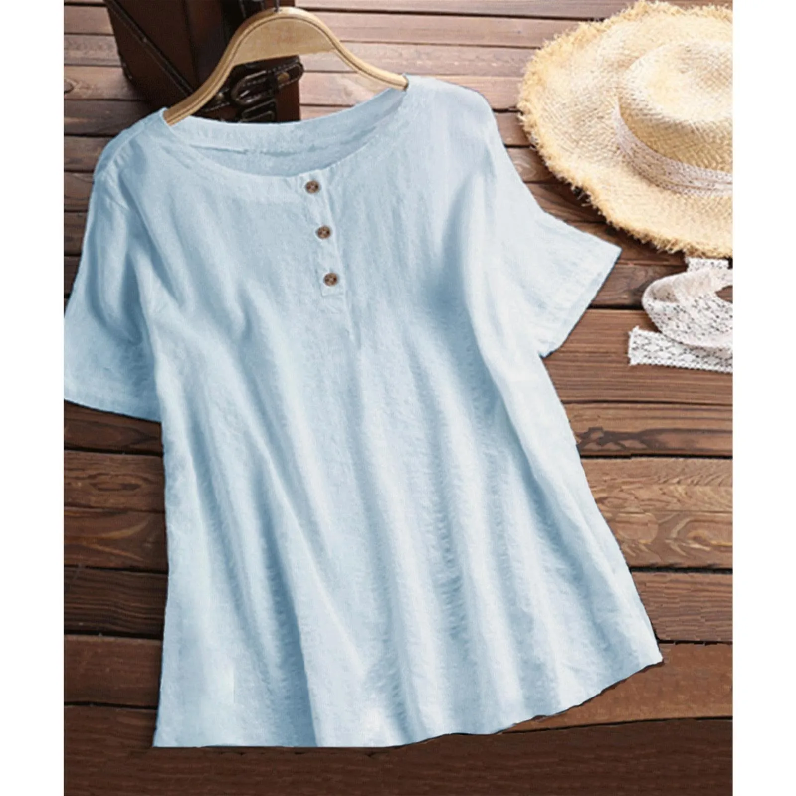 

Cotton Linen Blouse Women's 2023 Summer Short Sleeve Kaftan Baggy Button Cotton Solid Casual Tunic Top Ladies Plus Size Blouse