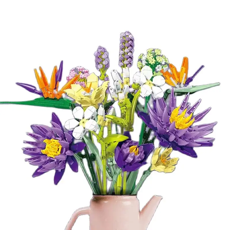 891 Pz Bouquet Fiore Building Block Strelitzia Reginae Ition Nymphaea Tetragoa Decorazione Della Casa Mattoni Vegetali Giocattoli Per Bambini Regalo