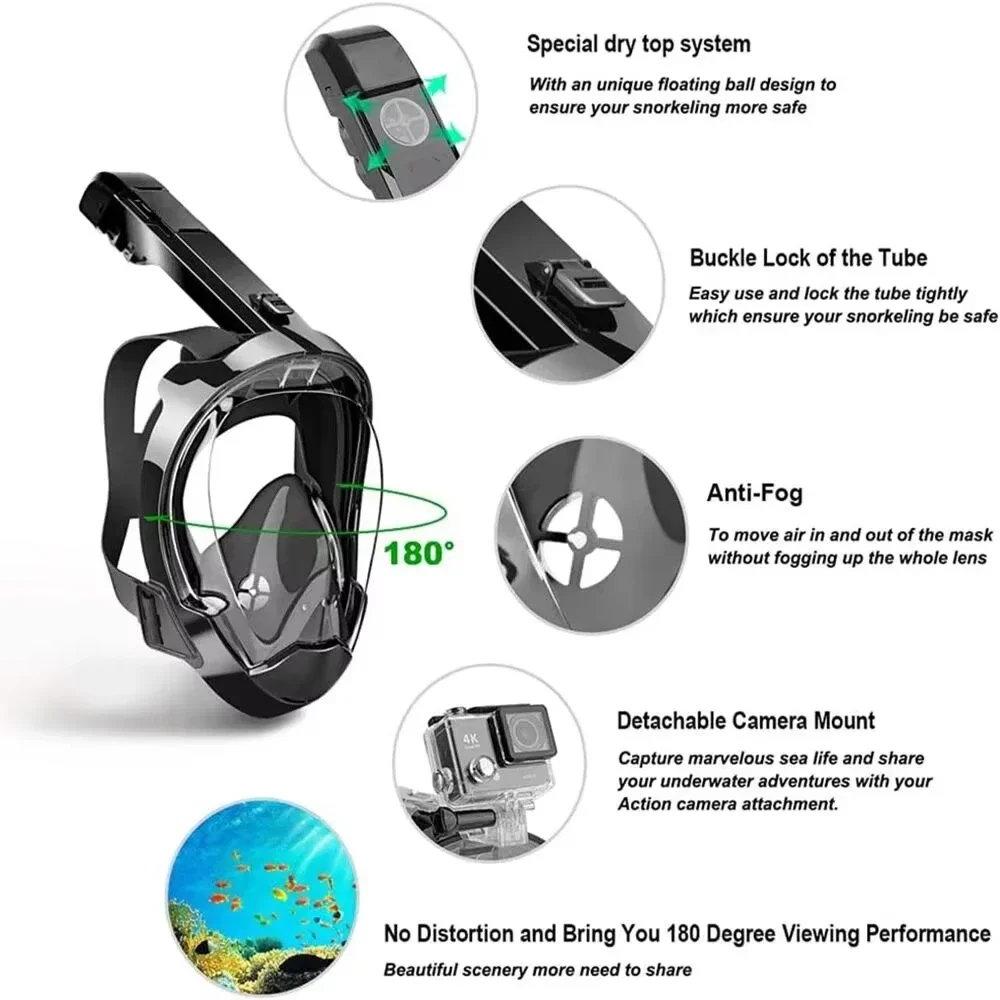 샤오크리 유니섹스 풀페이스 스노클링 마스크 (카메라 마운트 탈부착 가능, 카메라 미포함) 성인용 스노클링 세트