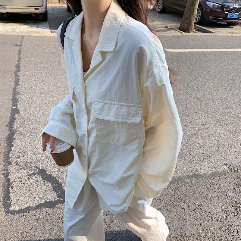 

Casual Loose Shirts for Women 2023 Spring Autumn Lazy Style Single-Breasted Apricot Blouse Woman Korean Office Long Sleeve Shirt