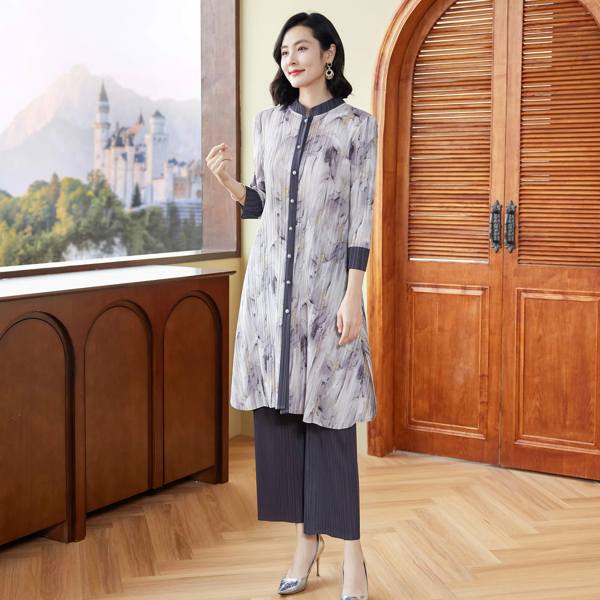 Miyake 2024 Spring Long Pleated Cardigan Jacket Geometric Floral Loose Pants Two-piece Set with Oversized Elastic Women's Set