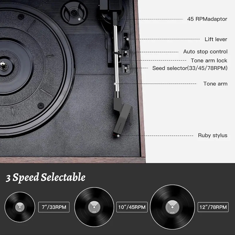 3 Speed Bluetooth Turntable Vinyl Player with CD/Cassette Play,AM/FM Radio 4