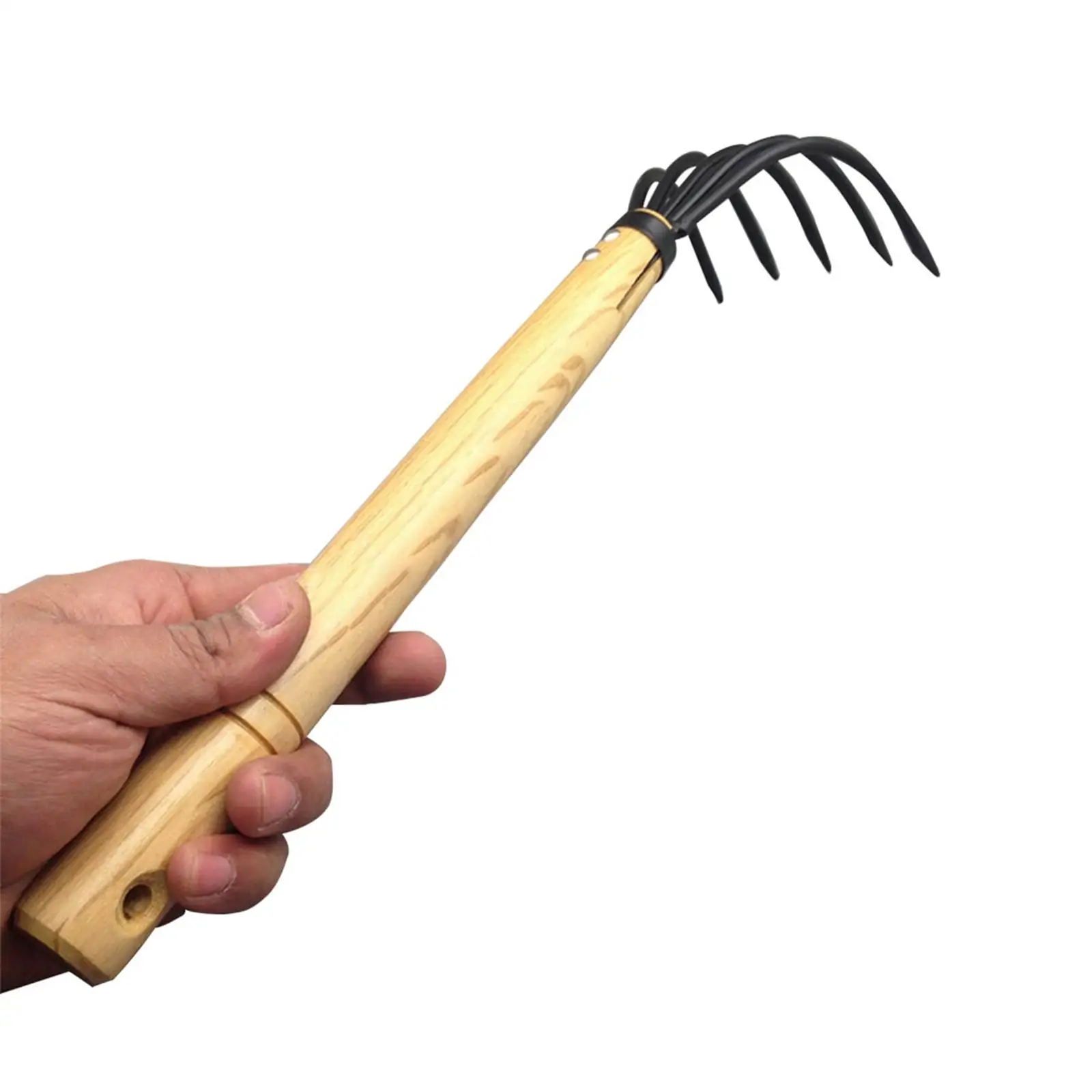 정원 갈퀴 원예 수공구, 나무 손잡이, 소형 핸드 헬드 농업 핸드 레이크, 다용도, 느슨한 토양 뒷마당용, 5 클로