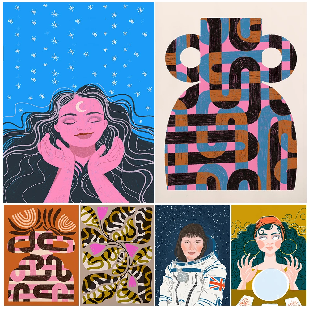 

Cartoon Girl Woman Posters Abstract Geometry Poster Wall Art Canvas Painting Home Decor Wall Pictures For Living Room Unframed