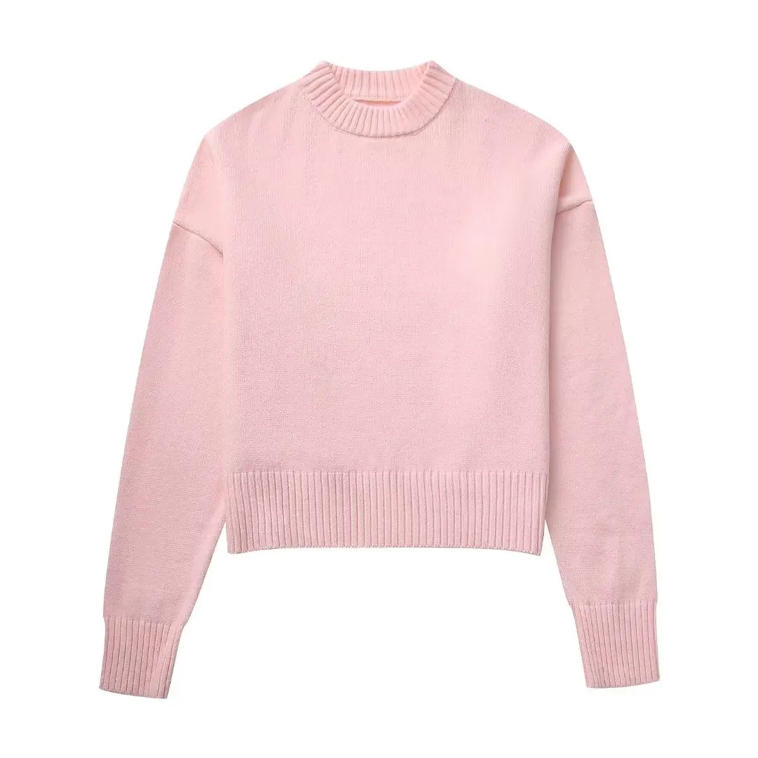 

Women 2023 New Fashion Rib hem Loose Versatile Casual Knitted Sweater Vintage O Neck Long Sleeve Female Pullovers Chic Tops