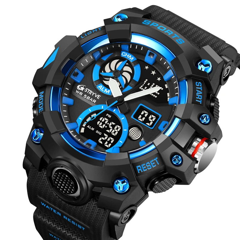 STRYVE Top Brand Electronic Watch For Men Outdoor Sports Waterproof Dual Time Display Quartz Wristwatches Rubber reloj hombre 4