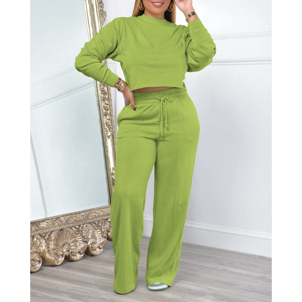 2024 Spring Women Round Neck Long Sleeve Sweatshirt Top & Drawstring Wide Leg Pants Set Causal Sporty Streetwear Suit Set y2k