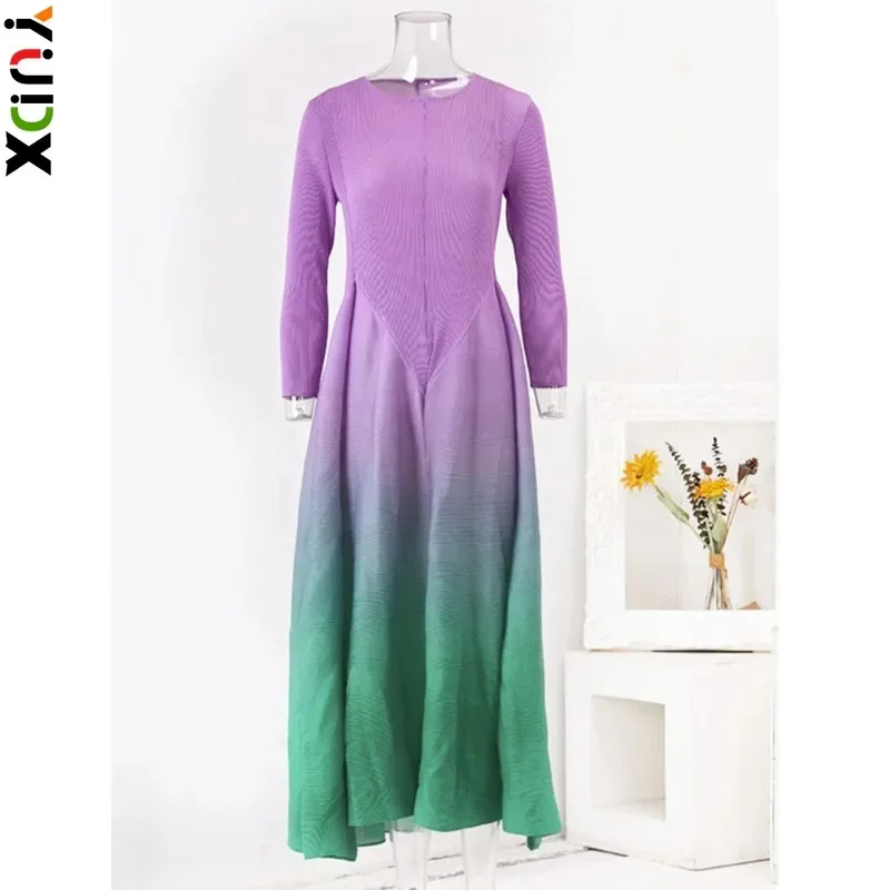 

YUDX Miyake Gradient Pleated Dress Round Neck Fold Fashion Maxi Dresses Ladies Luxury Festival Clothing 2024 Spring New