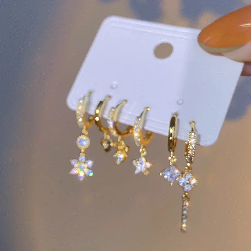Gold Color Geometric Pendant Hoop Drop Crystal Earrings for Women 6Pcs/Set