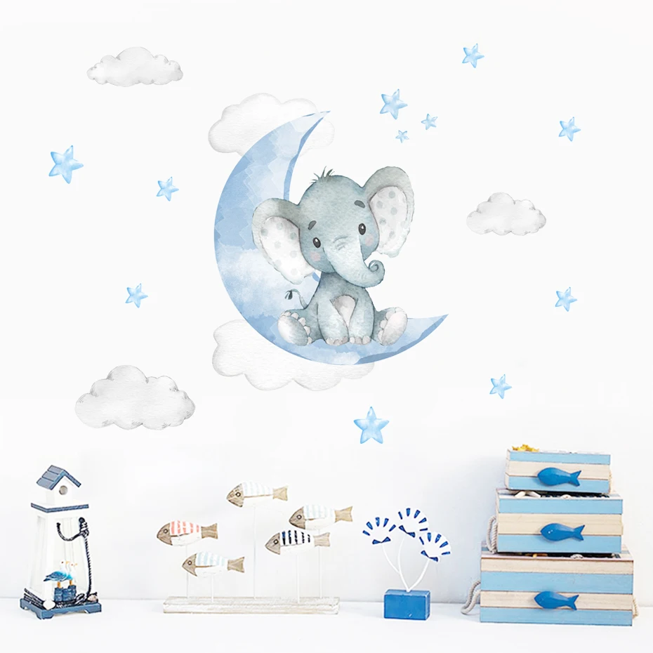 Wall Stickers Children Room Decoration Cartoon Elephant Moon Stars Blue Green Wall Stickers Nursery Removable Wall Decals Art Posters Kids Bedroom Interior Home Decor