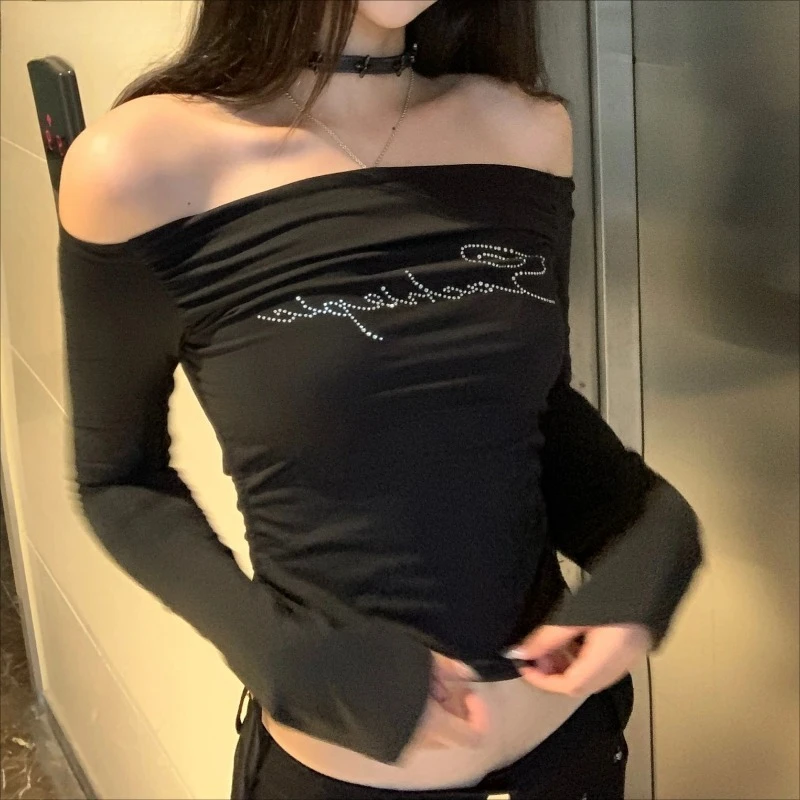 Slash Neck Long Sleeve T-shirts Women Autumn Hotsweet Crop Shirring Simple Casual All-match Korean Style Trendy Retro Attractive