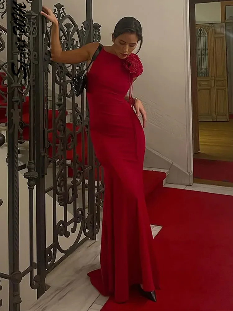 

Платья для женщин, сексуальное однотонное Цветочное платье макси без рукавов, элегантное женское вечернее платье, облегающее платье на день рождения