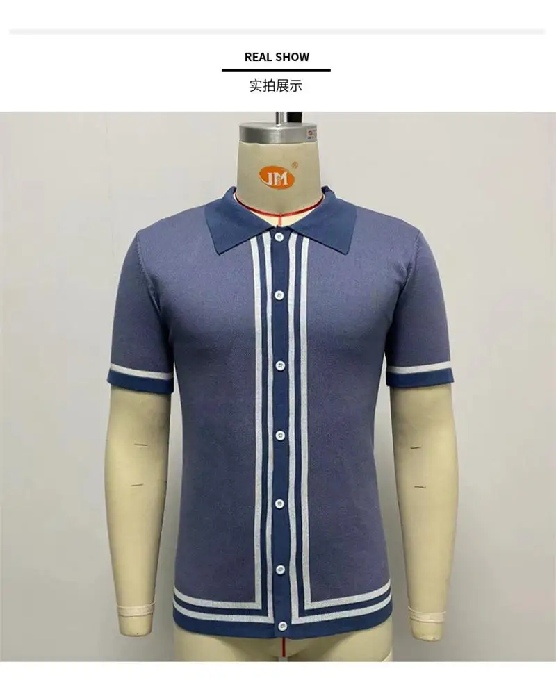 Men's 2023 Summer New Vintage British Style Lapel Jacquard Knitted Button Cardigan Short Sleeve Business Polo Shirt 12 S2b6709eee32c4ae694af175ba5248812q