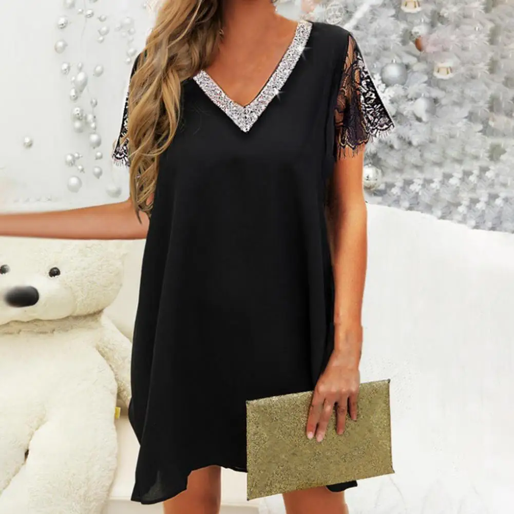 

Summer Dating Dress Elegant V Neck Sequin Lace Mini Dress for Women Soft Solid Color Short Sleeves Summer Dress with for Ladies