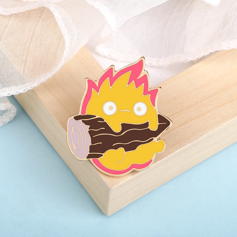 Enamel pins Fire Demon Calcifer Enamel Pins Cute Magic Fire Elf Firewood Anime Brooches Badges Shirt Lapel Pin Jewelry Gift For Friends Kids