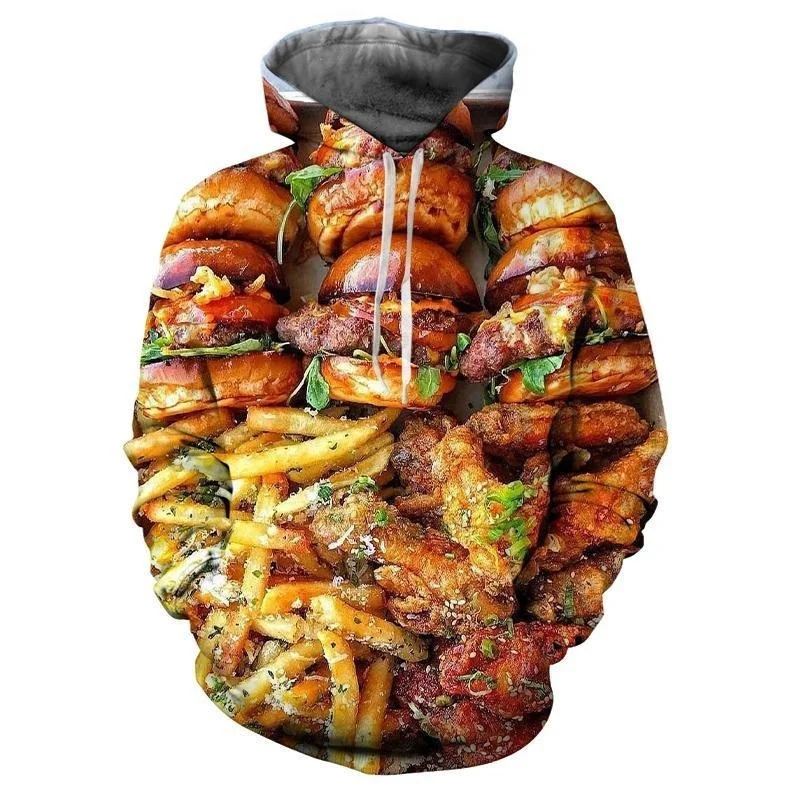 thumbnail image 1 of Sudadera con capucha para hombre con estampado 3D de hamburguesas y patatas fritas, divertida sudadera informal de manga larga con estampado de comida rápida, sudadera holgada, 1 of 4