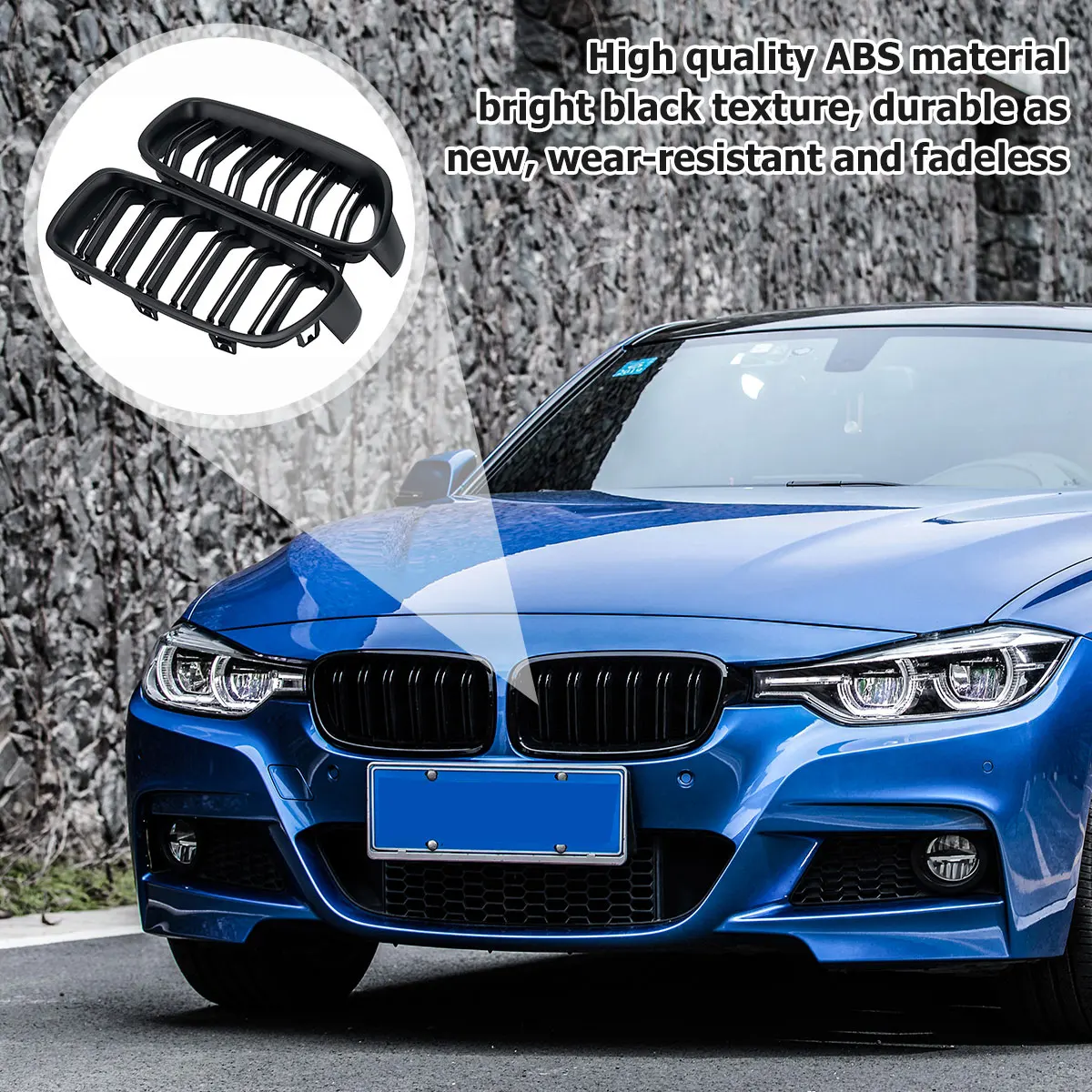 ABS F30 Grill, Front Kidney Grille for 2012-2018 BMW 3 Series F30 F31  (Double Slats Gloss Black Grills, 2pcs)