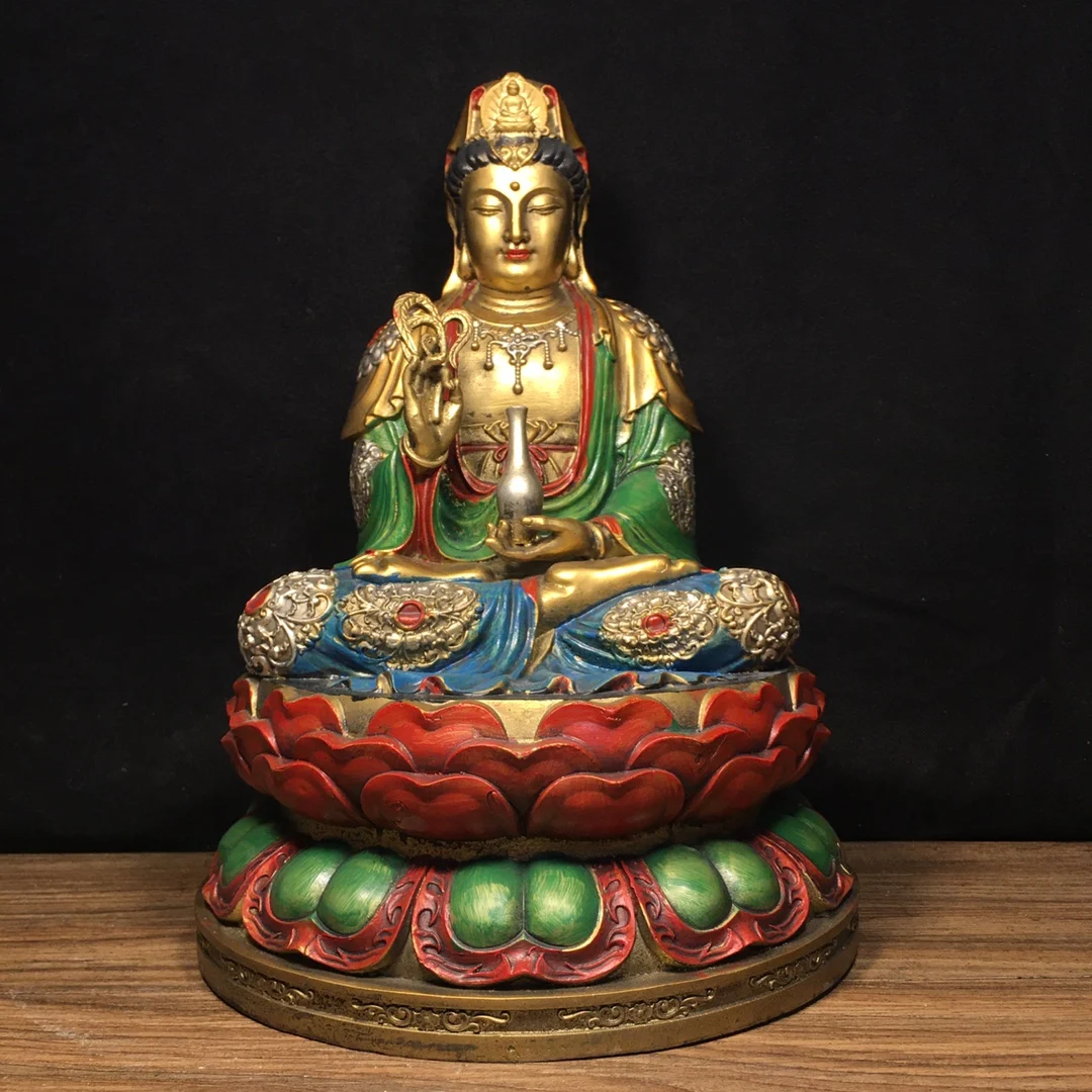 

Pure copper painted statue of Guanyin Bodhisattva Length 21.5cm, width 21.5cm, height 30cm Weighing 2990 g