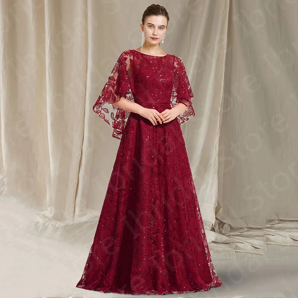 

2023 Classic Wine Red Lace Mother of the Bride Dresses Round Neckline 3/4 Sleeves Wedding Guest Gowns Sequined