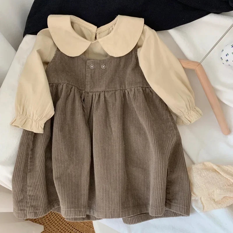 

2023 New Korean Fashion Baby Kids Girls Vest Dress Princess Corduroy Children Dresses Loose Cotton Casual T-Shirt Tops Clothes