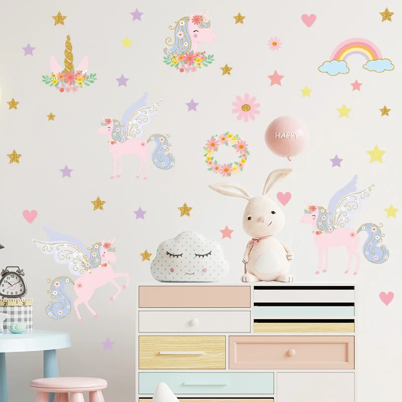 Cartoon Unicorn Flower Star Wall Stickers for Kids Room PVC Wall Decal Nursery Children's Bedroom Wardrobe Decoration Home Decor