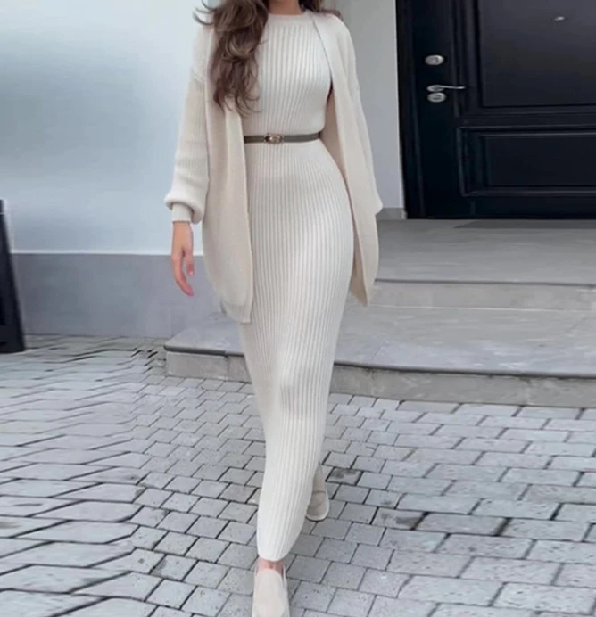 Long Sleeved Jacket+Dress New Hot Selling Fashion Casual Hot Selling Lazy Style Knitted Sweater Round Neck Long Skirt Set