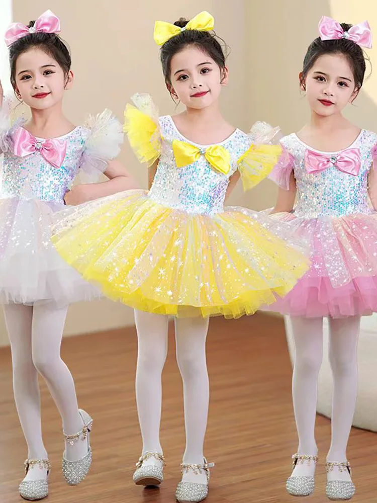 Yellow White Kids Ballroom Clothing Sequined Modern Dance Tutu Dress Girls Dance Costume Stage Wear Wedding Princess Dresses