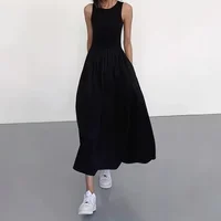 Summer Long Sleeveless Elegant Dress Women's round Neck Pure Color Block Vest Dress Slimming Maxi Skirt Cross-Border Fashion