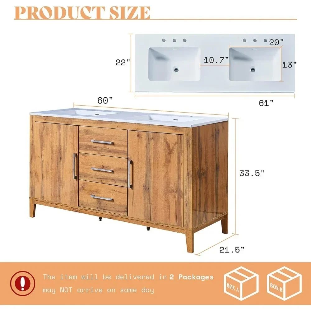 60" Double Bathroom Vanity with Sink, High Gloss Woodgrain Bathroom Storage Cabinet with 3 Hole Sink & & Drawers, Bath Vanity 2