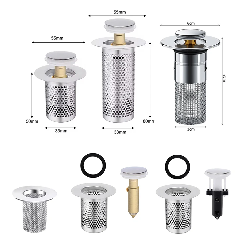 Shower Sink Strainer Washbasin Plug Anti Odor Pop-Up Bounce Core Basin Stopper Hair Catcher Stainless Steel Filter Bouncing Core