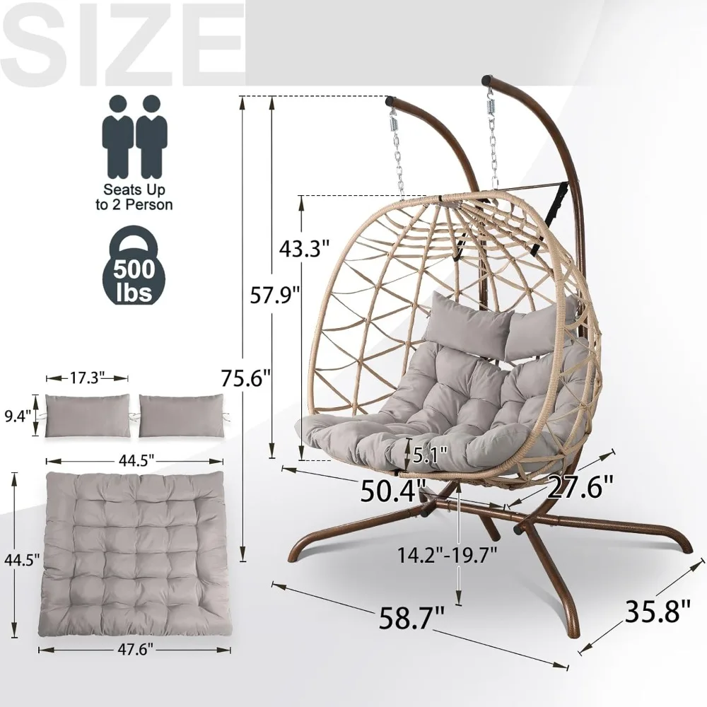 Outdoor Egg Swing Chair with Stand, 2 Person Patio Swing Chairs with Thick Cushions and Pillows,  for Indoor Bedroom 2