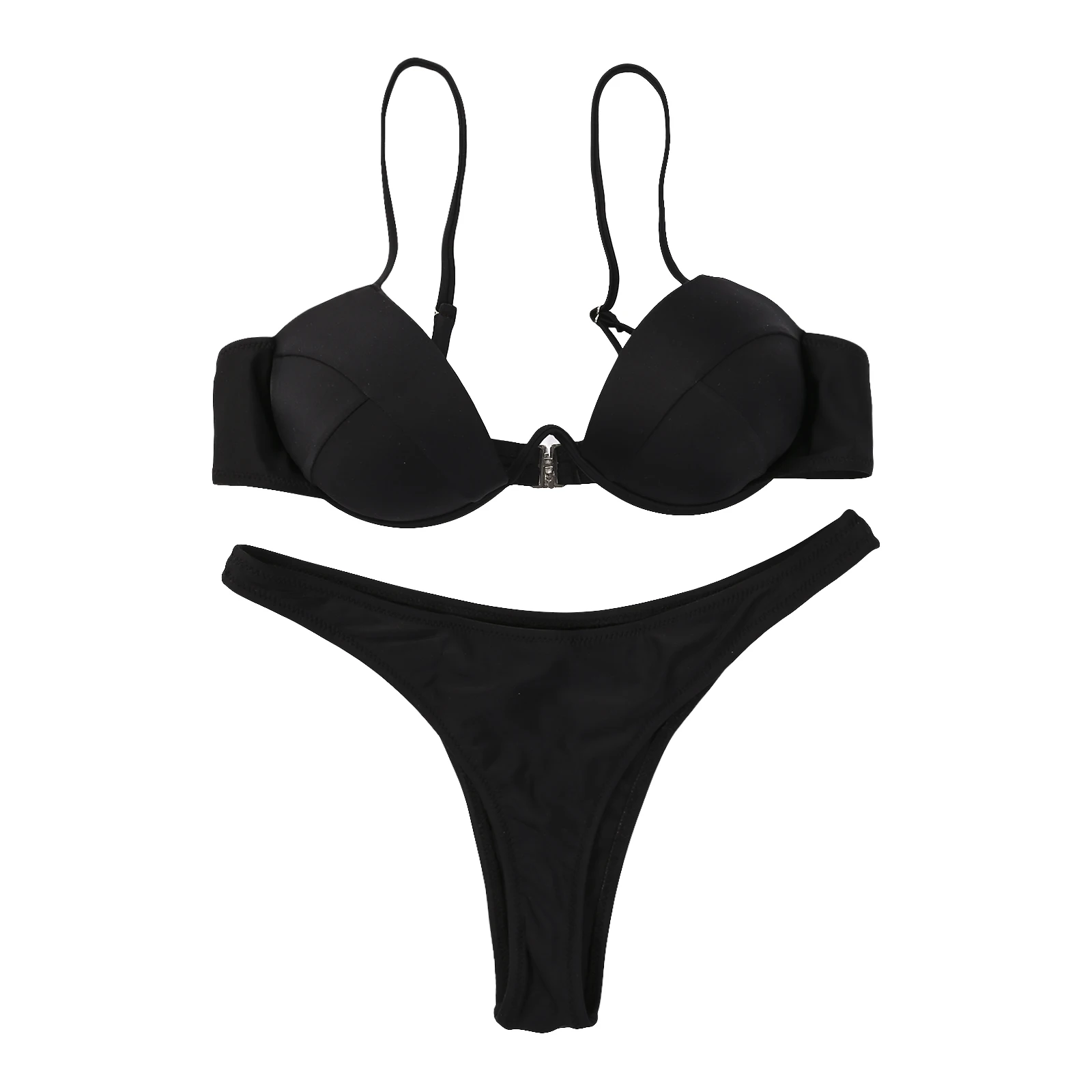 New Sexy Women'S Push Up Bikini Sets Solid Black White Low-Cut Beach Swimsuits For Women V-Neck Padded Bathing Suit