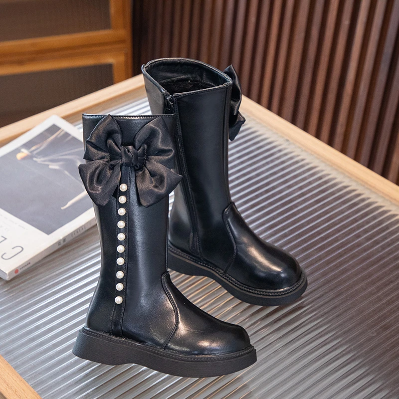 Girls Long Boots with Bow-knot Sweet Children School Performance Leather Boots Fashion Kids Catwalk Princess Boots Winter New